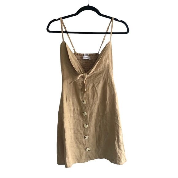 FAITHFULL THE BRAND Linen Sleeveless Button Front Mini Dress Camel M - Picture 2 of 12